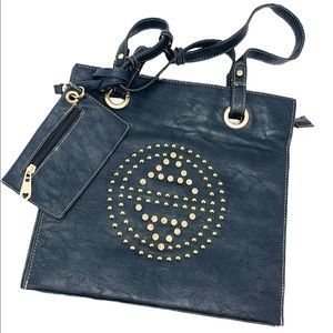 Black Vegan Leather Brushed Gold Circle Design Tote Bag Size Medium